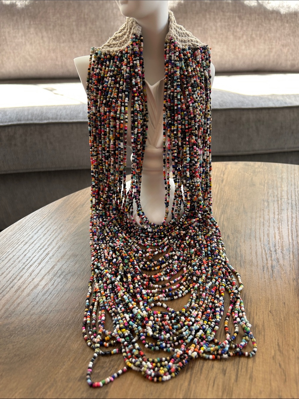 Multicolor Seed Beaded Fringe Statement Necklace with Crocheted Button Band